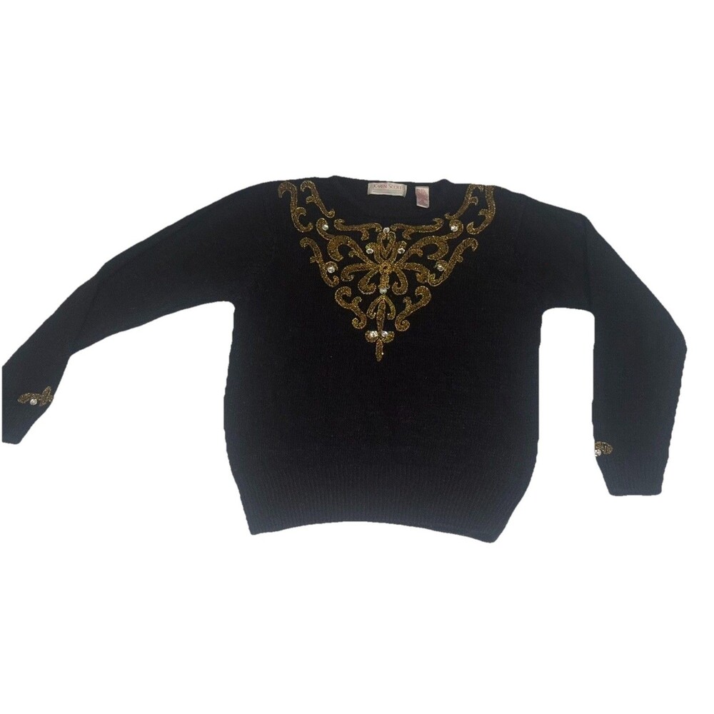 Karen Scott Wool Silk Angora Blend Gold Beaded Rhinestone Sweater Hong Kong Med